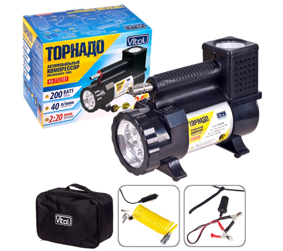 Компрессор Торнадо КА-Т12181 150psi/15Amp/40л/фонарь/прикур.+переходник/шланг 3,0м фото - купить